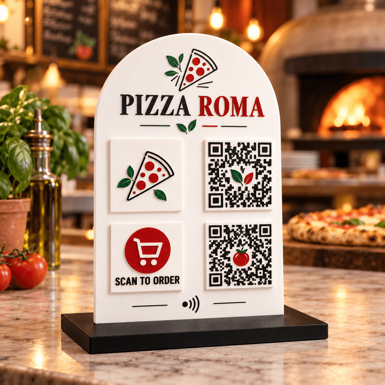 לוח עסקי QR ו־NFC בדוגמת פיצרייה פיקטיבית — הדמיה להמחשה