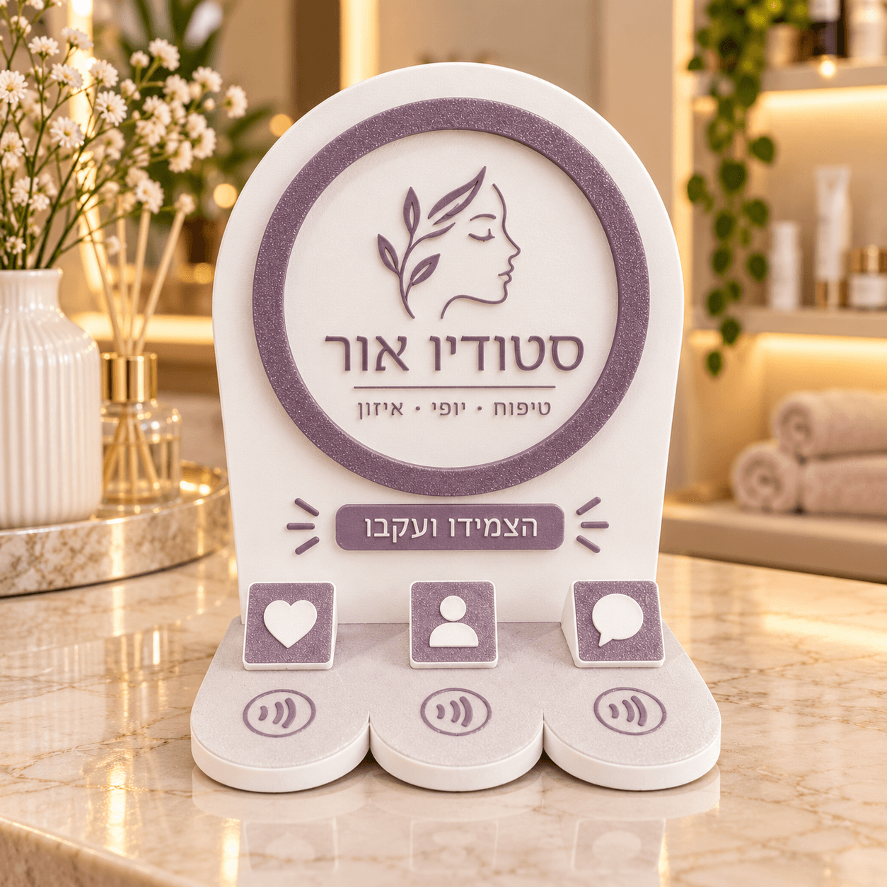 סטנד NFC עגול בדוגמת עסק ישראלי פיקטיבי — הדמיה להמחשה