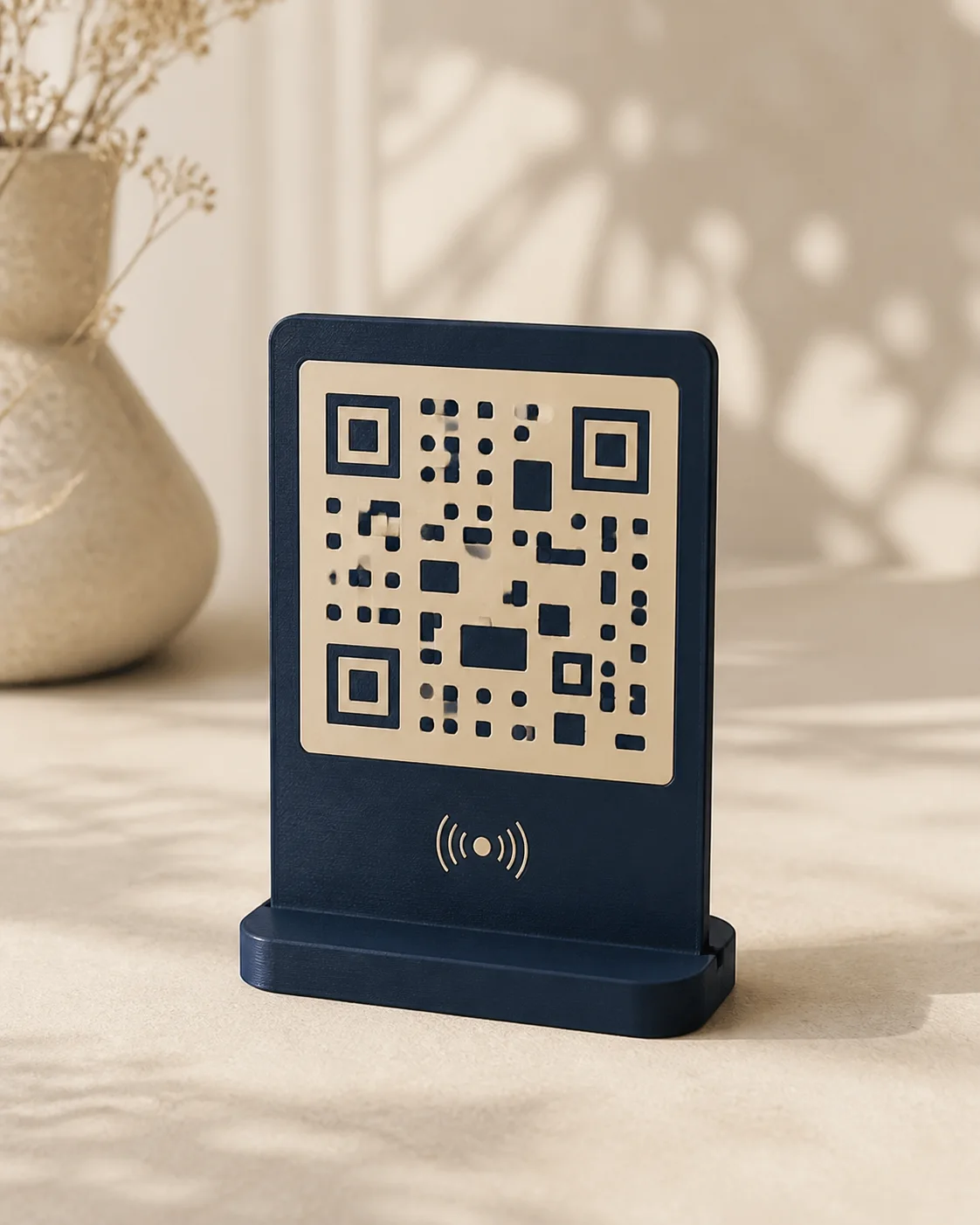 סטנד WiFi עם QR ומקום ל־NFC — הדמיה להמחשה